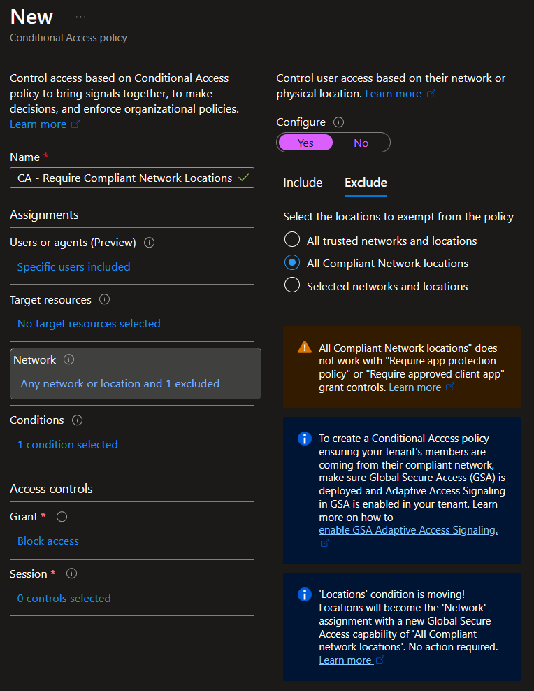 Conditional Access - Enforce compliant network locations